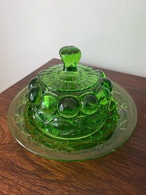 Mosser Glass • Eye Winker • Green Glass Covered Butter Dish